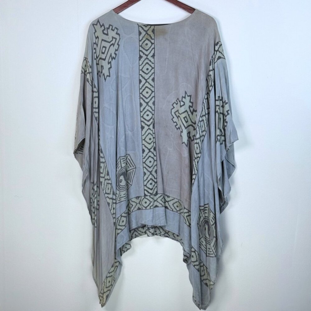 Vintage Handmade Blue Ying Yang Tunic Shirt Kaftan Oversized Hippie Lagen Flawed - Picture 3 of 12